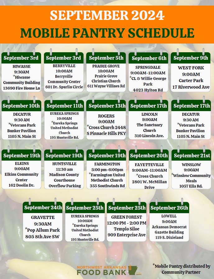 The September Mobile Pantry Schedule is now available. Please share this info with your neighbors!

We ask that you visit one Mobile Pantry per month.

#FeedingNWA