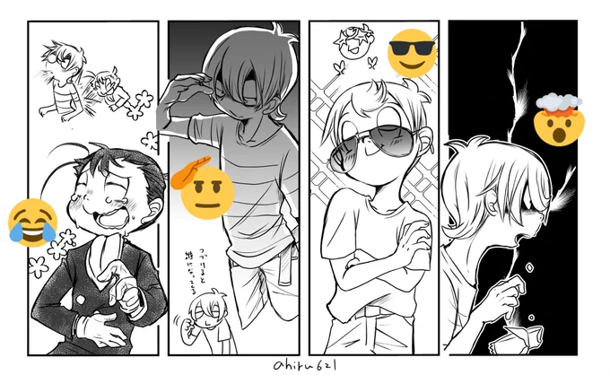 #リプで送られてきた絵文字の表情推しで描く
リプありがとうございました!

😂🎩あきこさん(@akicof2 )
🫡🥞はさはらさん(@hshla_al )
😎🚥カイさん(@iak_kai11 )
🤯🥞しろ詰さん(@PM0ZuLnDZt98045 ) 