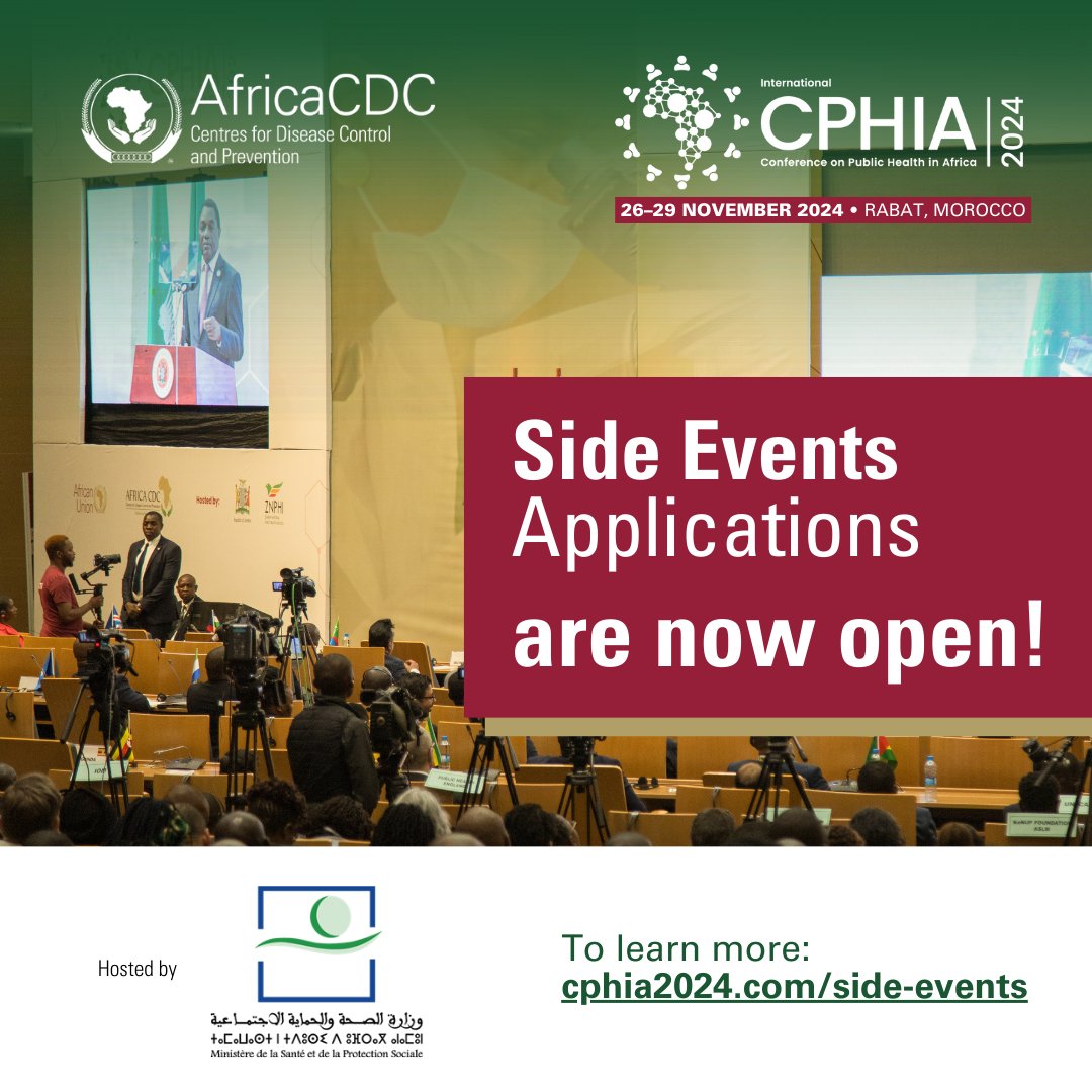 #CPHIA2024 side event applications are now open! 

Here's what you need to know: 

- All events should align to Africa CDC's vision for a healthier Africa
- Side events will be held in the morning or evening from 26-29 November.   
- Apply by 23 September: cphia2024.com/side-events/