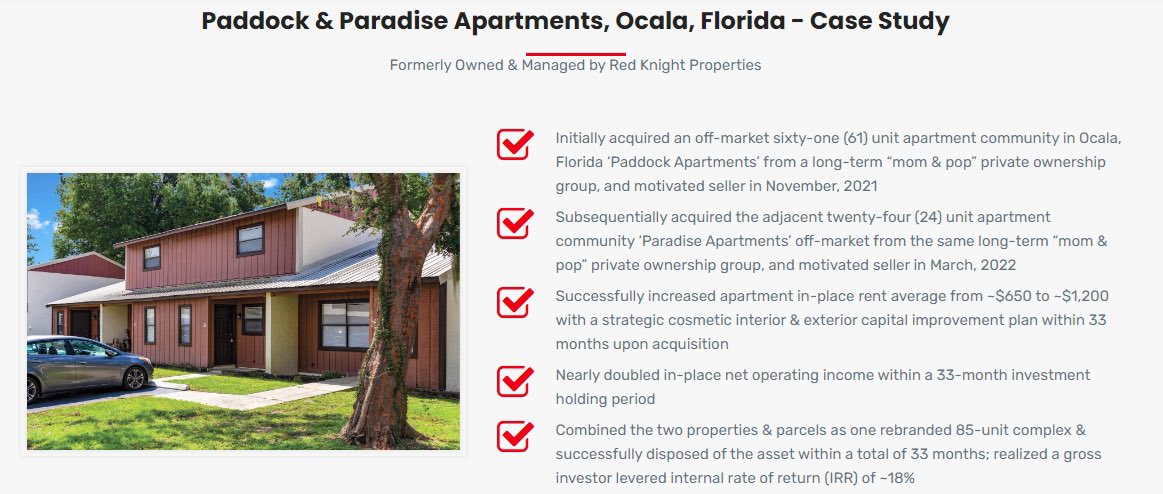 JUST CLOSED! Pleased to announce our disposition of Paddock &amp; Paradise Apartments, a 85-unit apartment community in Ocala, Florida!

* ~18% Gross IRR (Internal Rate of Return) In 33 Months *

To learn more, schedule a call here: redknightproperties.com/investwithus/