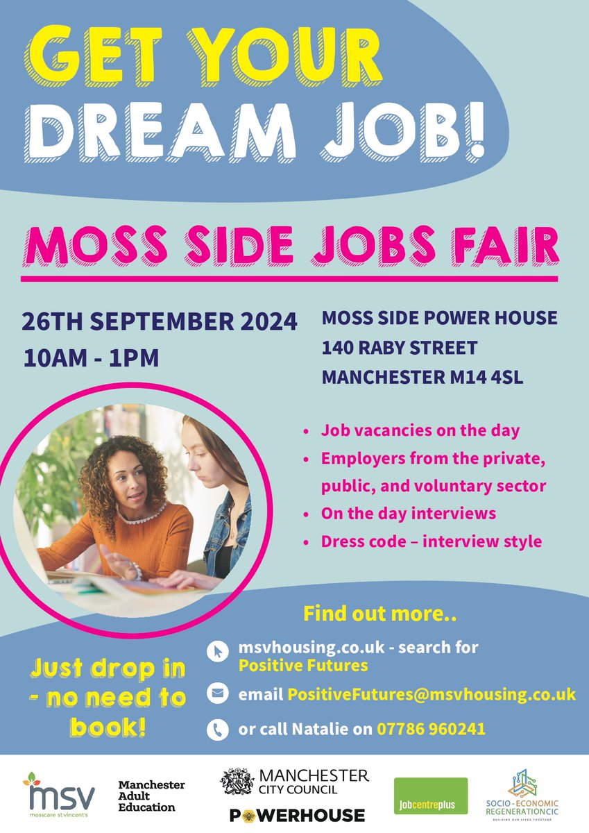 ✨Are you a young person who is looking for a job? ✨

Come along to the jobs fair in Moss Side on Thursday 26th September between 10am - 1pm at <a href="/msmpowerhouse/">Moss Side Millennium Powerhouse</a>. 

No need to register, just drop in.