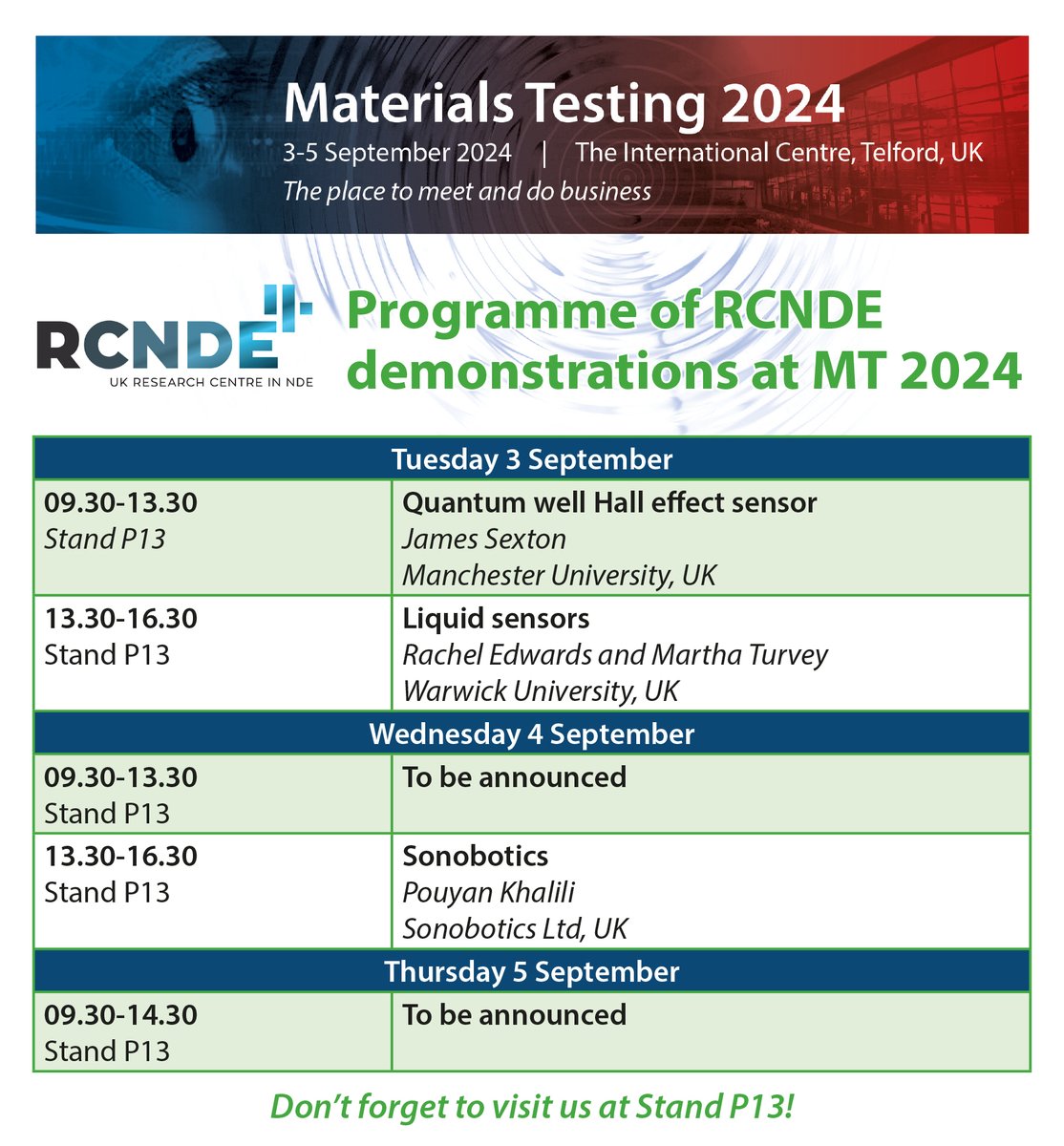 #RCNDE will be attending #MT2024 from 3-5 September 2024 <a href="/TICTelford/">TICTelford</a>. Stop by Stand P13 to view the live demonstrations of ready-to-go technologies! To find out more about RCNDE, visit: bindt.org/events-and-awa… #bindt #ndt #cm