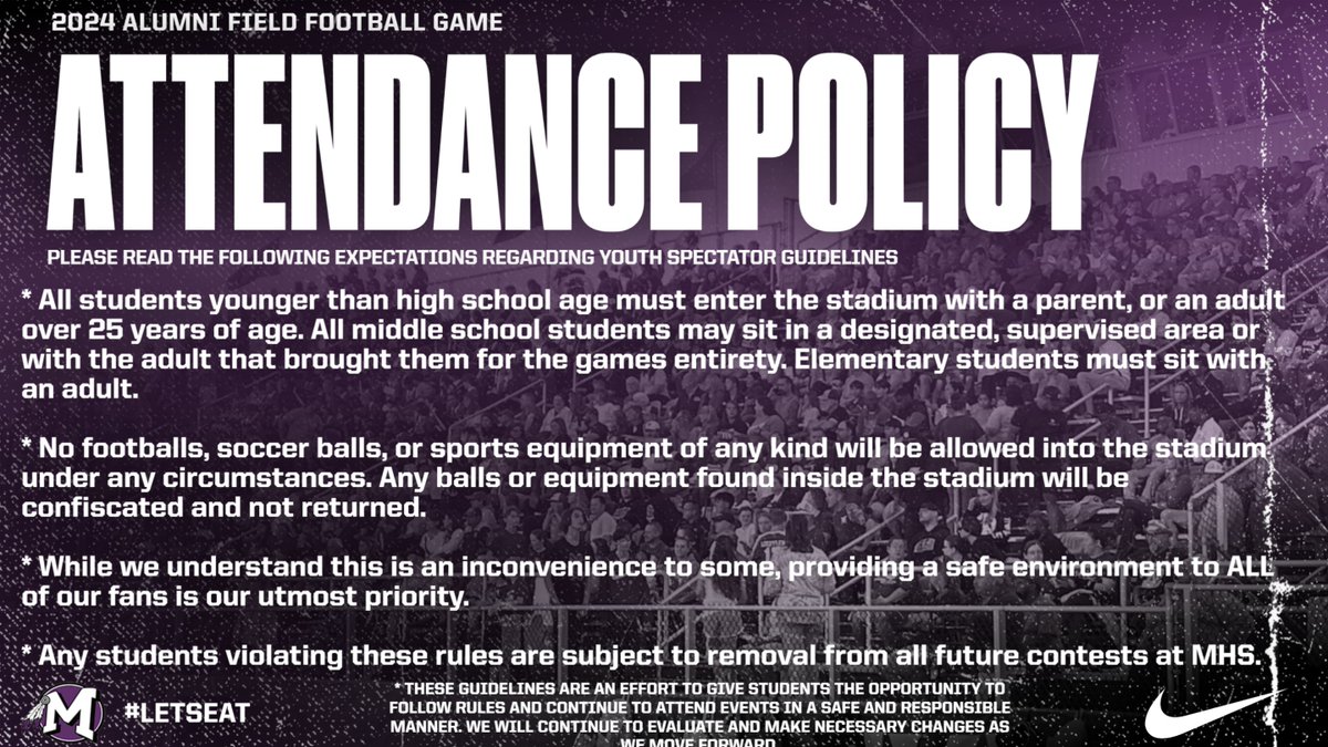 MHS is excited to kick off the 2024 football season!  Please review the Alumni Field youth attendance policy for games—a safe environment to ALL of our fans is our utmost priority. We look forward to seeing everyone under the Friday night lights again! #19EveryStudent