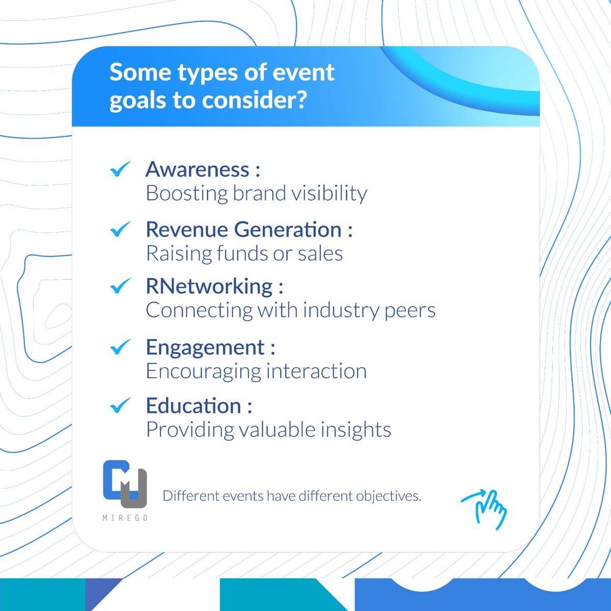 Mirego_Africa's tweet photo. #eventorganisation #eventgoals
Different types of events serve different purposes.
Understanding whether your goal is to generate revenue, foster networking, or educate attendees will shape your planning process.
#Burundi #Advertising #brand
#events #eventgoals https://t.co/18mfvSs0gO