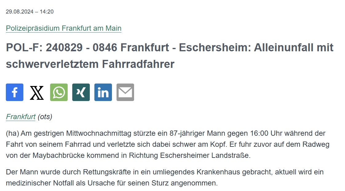 Polizei_Ffm's tweet photo. #Frankfurt #Eschersheim
Gestern, gegen 16 Uhr, stürzte ein 87-Jähriger mit seinem Fahrrad auf der #Maybachbrücke und verletzte sich dabei schwer am Kopf. Aktuell wird ein medizinischer Notfall als Unfallursache angenommen.
PM: https://t.co/xbN4FN9De0 https://t.co/5QRxrMkQX9