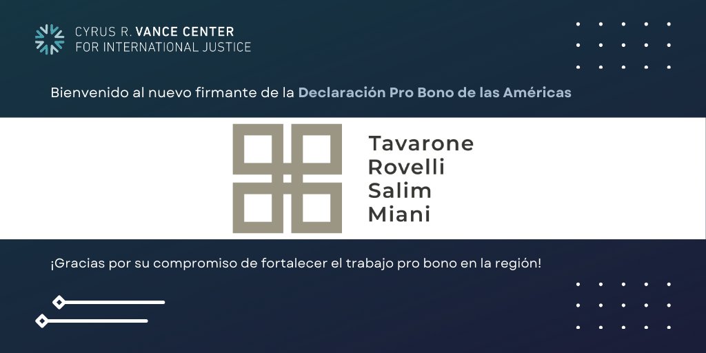VanceCenter's tweet photo. Nos complace dar la bienvenida a @trsymabogados en #Argentina como nuevo signatario de la Declaración Pro Bono de las Américas #PBDA.
¡Gracias por su compromiso de fortalecer el trabajo #probono! https://t.co/aAz8uPM2xh