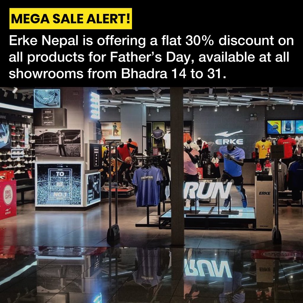 NoNext_Question's tweet photo. MEGA SALE ALERTπ¨: Erke Nepal is offering a special FLAT 30% DISCOUNT on all products in celebration of Fatherβs Day. This offer is available at all showrooms across Nepal from Bhadra 14 to 31. Take advantage of this limited-time deal.
#ErkeNepal #FathersDayDiscount #Flat30Off https://t.co/2K5S0ITQKa