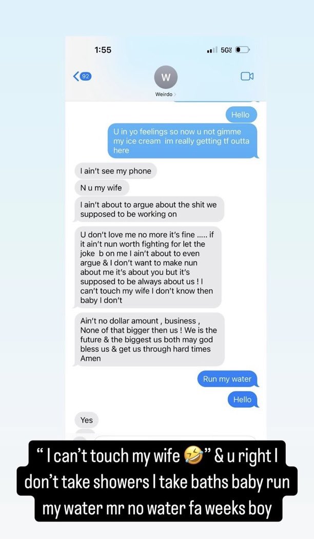 Stunna leaked some text messages between her and her man. I’m sorry but “Run my water” is taking me out 😭😭😭