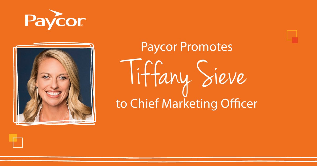 PaycorInc's tweet photo. Meet Paycor's new CMO: Tiffany Sieve! After 10+ years of leadership at #Paycor, Tiffany has joined the executive team to set our vision for brand awareness, demand generation, product marketing, and customer retention. 

Read the full press release here: https://t.co/2KFF9ZG9Qq https://t.co/FUFT0CIzow