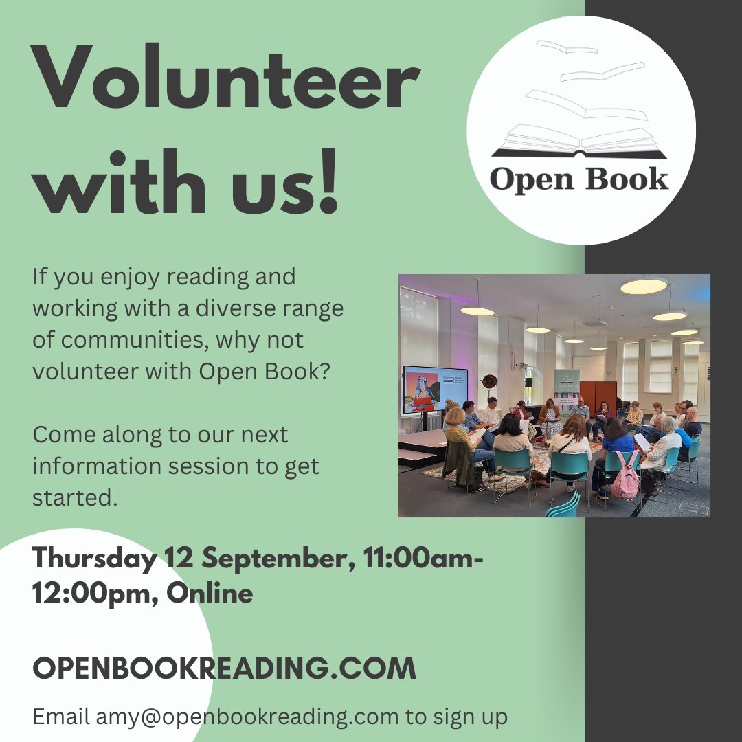 Want to find out about how you can volunteer with Open Book? 

We're holding an informal Zoom session on Thursday 12 September, 11am-12pm. If you enjoy reading and working with a range of communities, pop along and find out more!

#Volunteer #reading #creativewriting #Scotland
