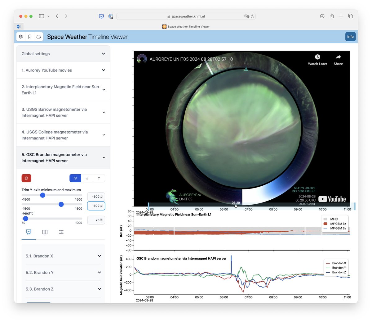 New AurorEye movie in the viewer. This was made about 85 km from the Brandon magnetometer station. To watch how the local geomagnetic perturbations match with auroral activity, it helps to lower the magnetometer Y-axis min/max, as in the screenshot.
spaceweather.knmi.nl/viewer/?layout…