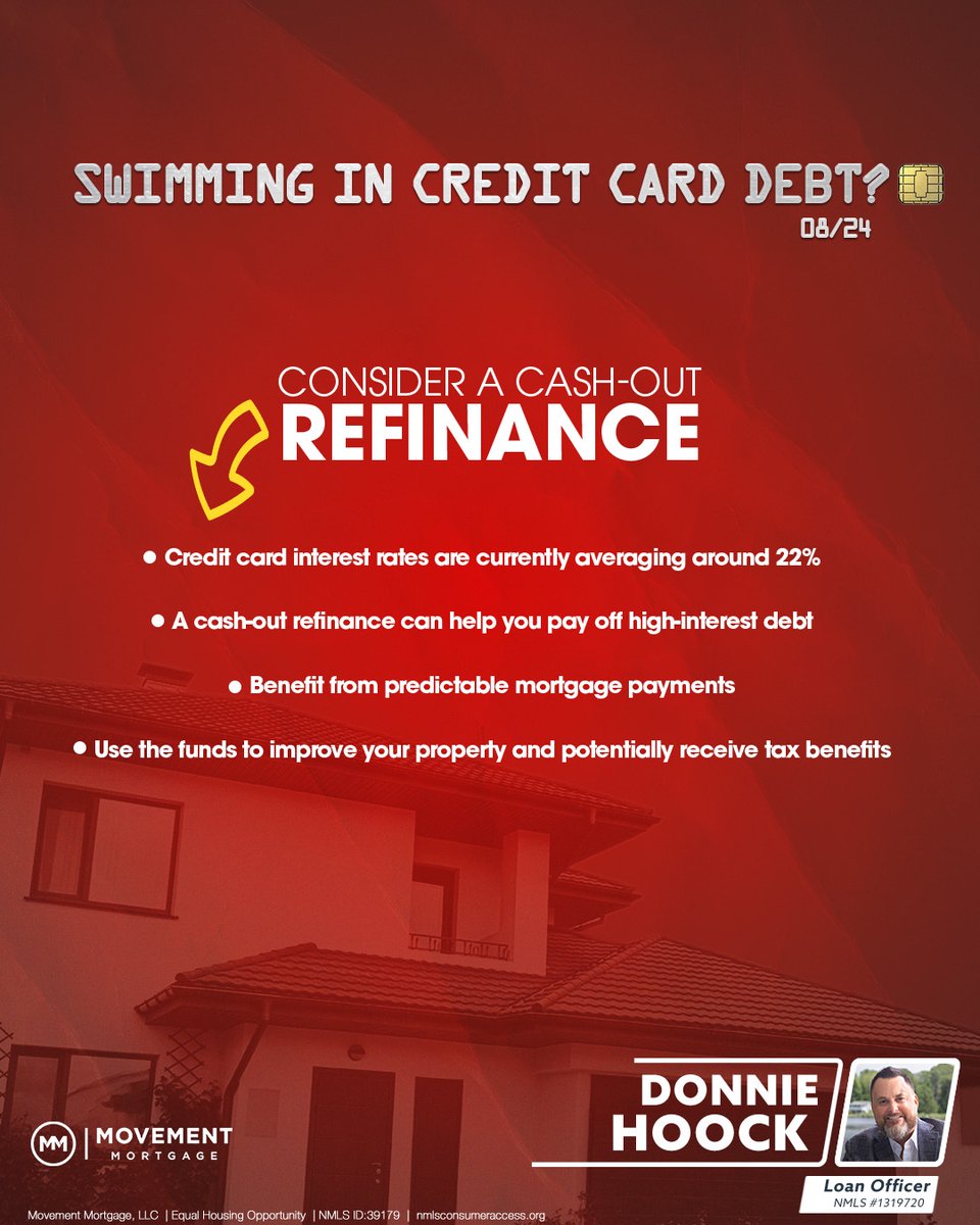 Dhoock2's tweet image. Credit card debt in the U.S. has skyrocketed over the last few years, and a Cash-Out Refinance might be a smart move to get things under control. 
Feeling overwhelmed by credit card bills? A cash-out refinance could help lighten the load.

#RefinanceTips #FinancialHealth #Home...