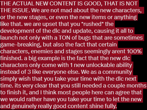 Pomxotic's tweet photo. risk of rain 2 is in a bad spot right now because of the rushed dlc and update, and it makes me kind of scared that gearbox wont greenlight more dlc/updates due to misconceptions.. so lets clarify what we think. I encourage others to do the same

@GearboxOfficial @RiskofRain https://t.co/A5I3dCCpSs