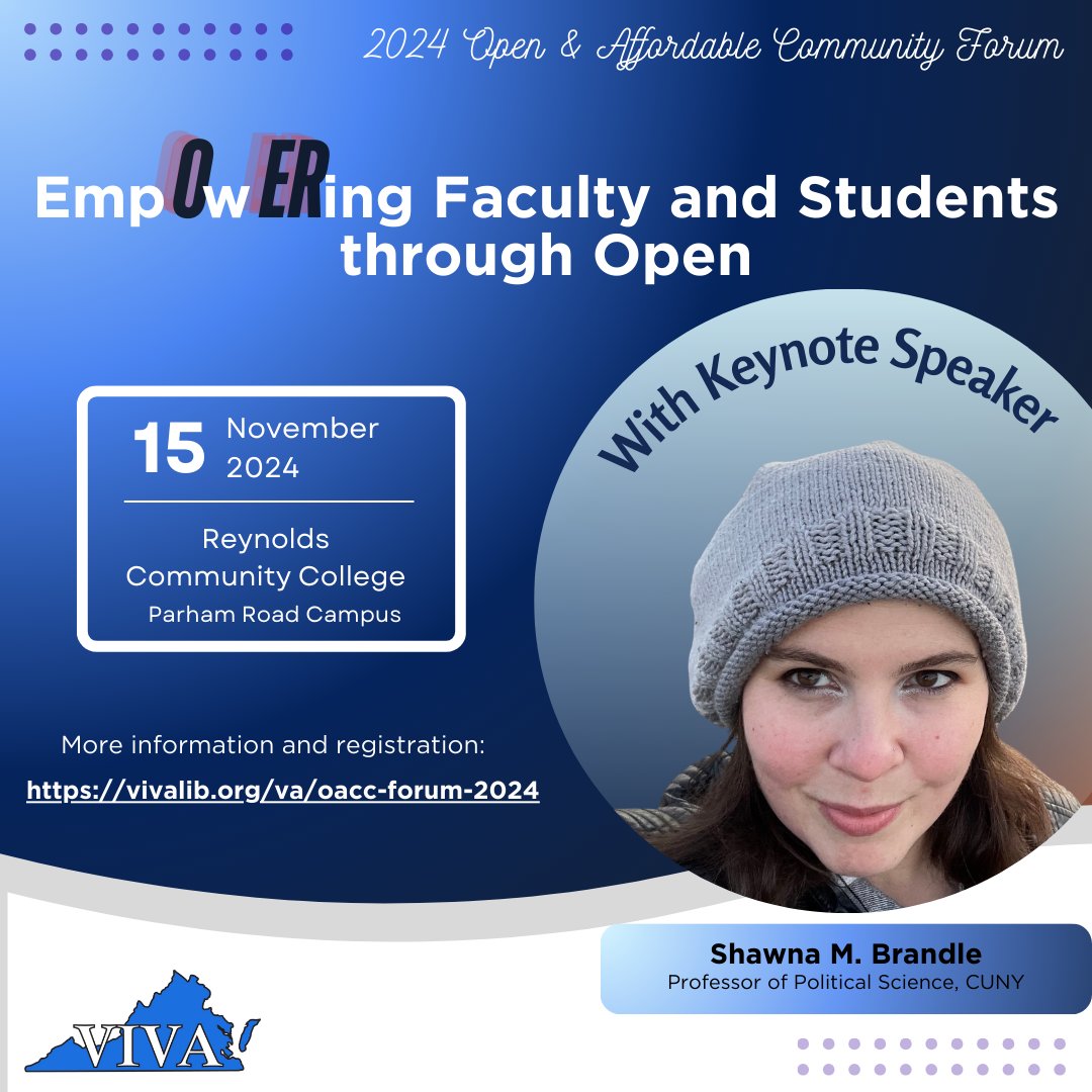 Register today for VIVA's 2024 OAC Forum!
vivalib.libcal.com/calendar/event…

CFP: Share how, in your experience OER has granted agency to instructors and students creating and using the resources during their educational journey. vivalib.org/va/oacc-forum-…

#VIVA #OER #libraries