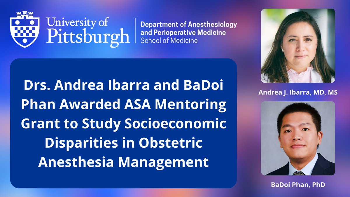 Pitt Anesthesiology & Perioperative Medicine (@pittanes) on Twitter photo 🎉 Congratulations to <a href="/AndreaJIbarra/">Andrea J. Ibarra, MD MS</a>, MD, MS, and <a href="/BadoiPhan/">@BaDoiPhan.bsky.social</a>, PhD, on receiving the 2024 <a href="/ASALifeline/">ASA®</a> Committee on Professional Diversity Mentoring Grant! Their project will explore socioeconomic factors and #anesthesia management for #OB patients with opioid use disorder. A big 🎉 Congratulations to <a href="/AndreaJIbarra/">Andrea J. Ibarra, MD MS</a>, MD, MS, and <a href="/BadoiPhan/">@BaDoiPhan.bsky.social</a>, PhD, on receiving the 2024 <a href="/ASALifeline/">ASA®</a> Committee on Professional Diversity Mentoring Grant! Their project will explore socioeconomic factors and #anesthesia management for #OB patients with opioid use disorder. A big