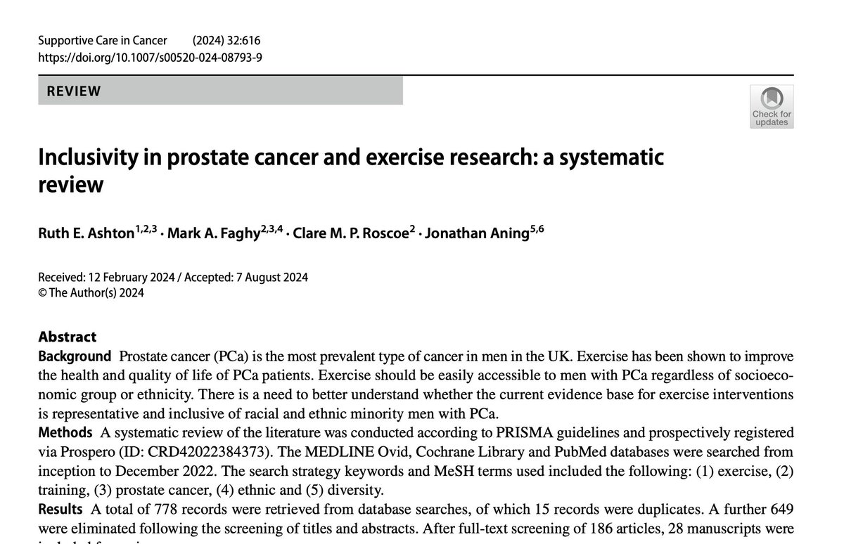 MASCC (@cancercaremascc) on Twitter photo New open-access article in <a href="/MASCC_JSCC/">Supportive Care in Cancer: Springer Journal</a>: Inclusivity in prostate cancer and exercise research: a systematic review
link.springer.com/article/10.100…
#SuppOnc
Authors: <a href="/ruth_ashton1/">Ruth Ashton</a>, <a href="/DrMark_Faghy/">Mark Faghy</a>, <a href="/clare_roscoe/">Clare Roscoe</a>
& <a href="/jonathananing/">Jon Aning</a> New open-access article in <a href="/MASCC_JSCC/">Supportive Care in Cancer: Springer Journal</a>: Inclusivity in prostate cancer and exercise research: a systematic review
link.springer.com/article/10.100…
#SuppOnc
Authors: <a href="/ruth_ashton1/">Ruth Ashton</a>, <a href="/DrMark_Faghy/">Mark Faghy</a>, <a href="/clare_roscoe/">Clare Roscoe</a>
& <a href="/jonathananing/">Jon Aning</a>