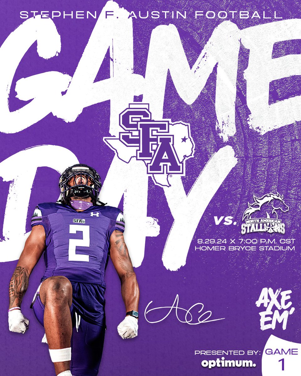 Lumberjack Football (@sfa_football) on Twitter photo Got Thursday night plans? Now you do ๐
SFA ๐ North American
โฐ : 7:00 PM
๐ : Homer Bryce Stadium
๐ฅ : tinyurl.pulse.ly/bxviqrsack
๐ป : tinyurl.pulse.ly/n6whgodayi
๐๏ธ : tinyurl.pulse.ly/lkepppao4v
๐ฃ : Holler at Homer - 6:00 PM
Presented By <a href="/optimum/">Optimum</a>
#AxeEm x #EastTexasTough Got Thursday night plans? Now you do ๐
SFA ๐ North American
โฐ : 7:00 PM
๐ : Homer Bryce Stadium
๐ฅ : tinyurl.pulse.ly/bxviqrsack
๐ป : tinyurl.pulse.ly/n6whgodayi
๐๏ธ : tinyurl.pulse.ly/lkepppao4v
๐ฃ : Holler at Homer - 6:00 PM
Presented By <a href="/optimum/">Optimum</a>
#AxeEm x #EastTexasTough