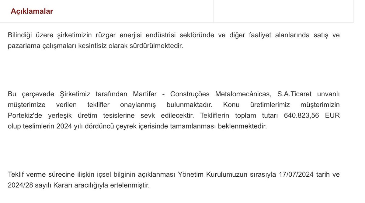 #sayas tarafından Martifer -Construções Metalomecânicas’e verilen teklifler onaylanmış ve üretimlerimiz Portekiz'de yerleşik üretim tesislerine sevk edilecektir. Tekliflerin toplam tutarı 640.823,56 EUR olup teslimlerin 2024/4. çeyrek içerisinde tamamlanması beklenmektedir.🇹🇷 🇵🇹