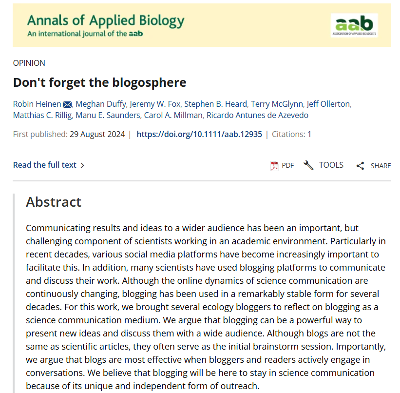 Matthias C. Rillig (@mrillig) on Twitter photo Paper just out:
Robin Heinen et al. <a href="/AnnalsApplBio/">Annals of Applied Biology</a>
(+several known blogger names)
Don't forget the blogosphere...
"We believe blogging will be here to stay in science communication...."
doi.org/10.1111/aab.12… Paper just out:
Robin Heinen et al. <a href="/AnnalsApplBio/">Annals of Applied Biology</a>
(+several known blogger names)
Don't forget the blogosphere...
"We believe blogging will be here to stay in science communication...."
doi.org/10.1111/aab.12…