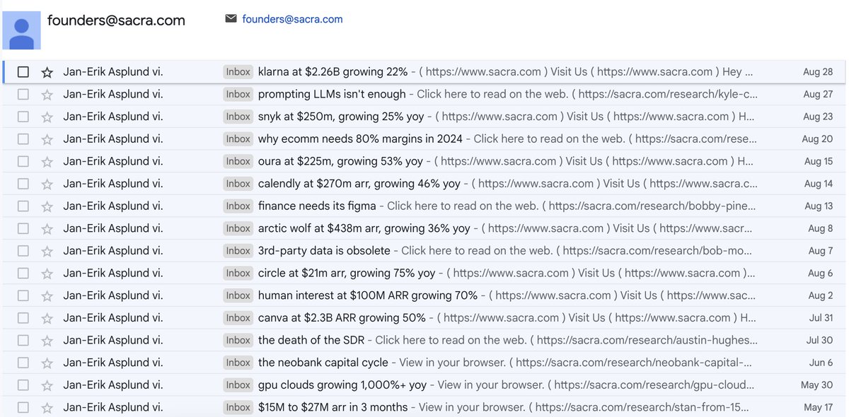 Sacra is probably one of the highest signal-to-noise research platforms that i always look forward to seeing in my inbox for all things private markets

the quality/consistency of their writing is WOW + datasets are becoming some of the best in access constrained co.'s