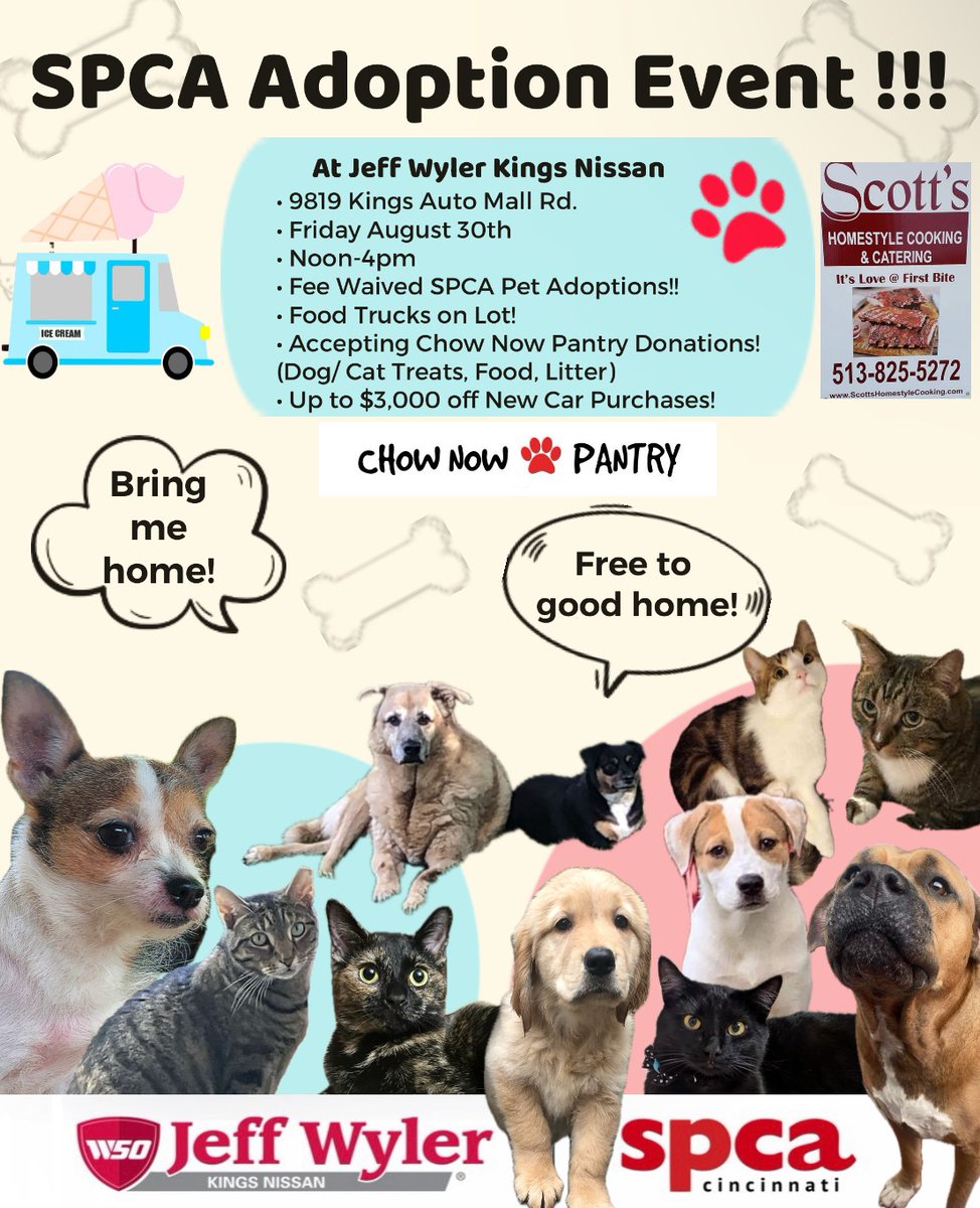 We've joined forces with the <a href="/SPCACincinnati/">SPCA Cincinnati</a> to bring you a fun-filled pet adoption event. Take advantage of exclusive promotions on new vehicle sales. Let's enjoy food trucks &amp; activities while finding our furry friends a new family &amp; #fureverhome. See you here tomorrow!