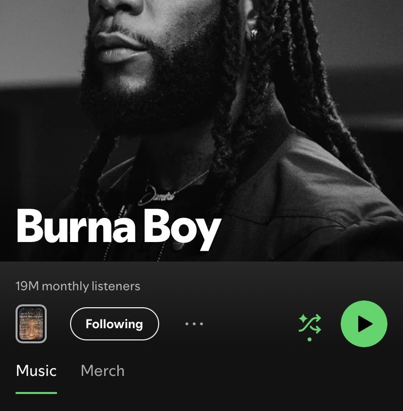 Rooney0018's tweet photo. Burna Boy has surpassed 19M Monthly listeners on Spotify.🦍❤️ https://t.co/2azGwR7hJb
