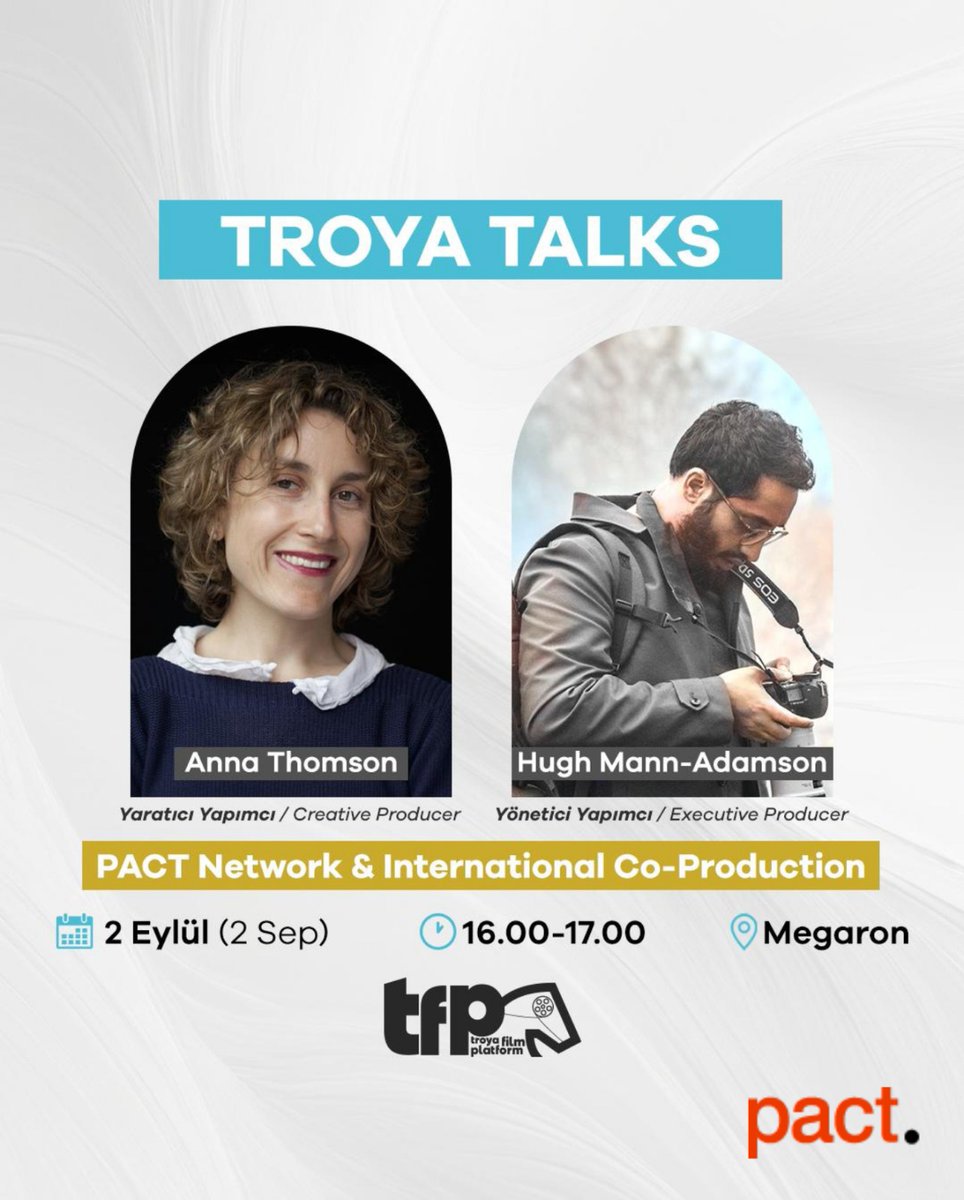 This year, 7 production companies that are members of PACT will participate in Agora Meeting, Pitching Lab, First Look, and Troya Talks. 

🗓 Date: September 2  
🕓 Time: 16:00-17:00  
📍 Location: Megaron  

<a href="/PactUK/">Pact</a>