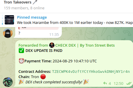 Tronstreetbets_'s tweet photo. CHECK DEX BOT by $TSB IS LIVE!!!

You can now check if a fresh Sun Pump play really paid its Dexscreener or didn't!

Just start the bot at https://t.co/dxg8pyJaXQ and paste a contract it will tell you if DEX is really paid.

Chinese community and Moontok postponed for next week! https://t.co/yQYFhp2uiD