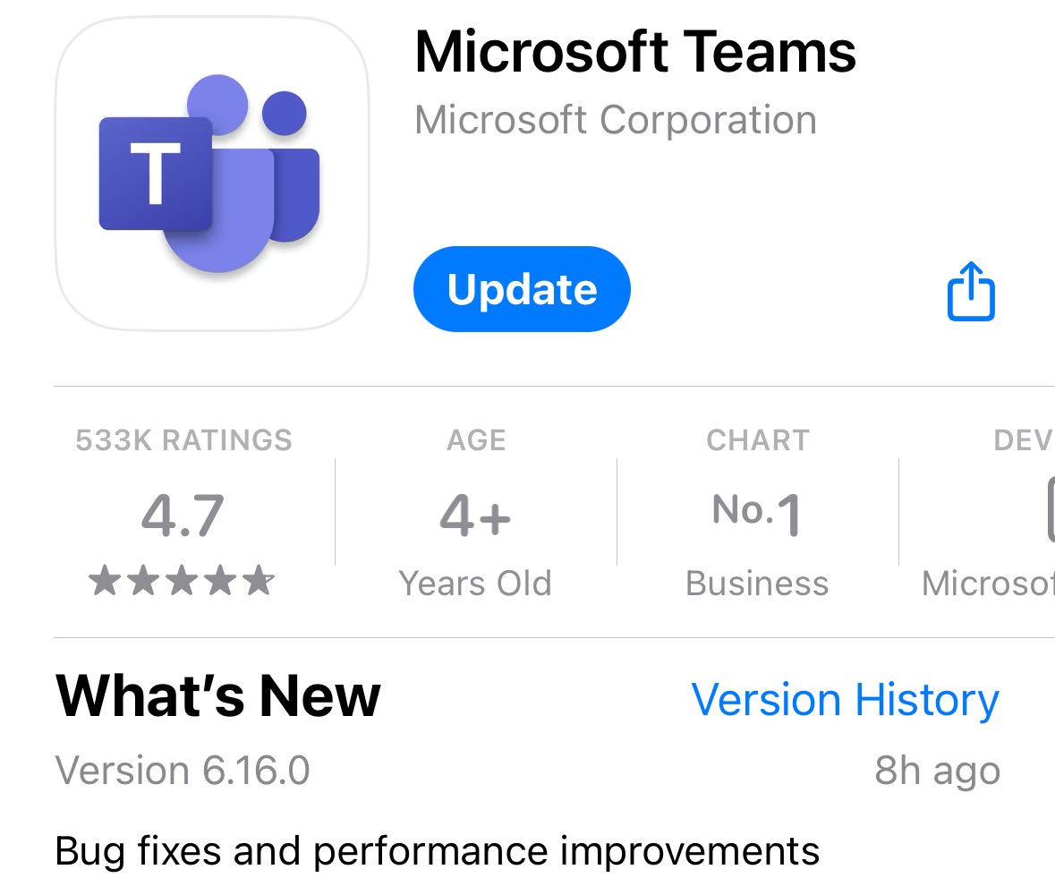 Here we go with another „bug fixes and performance improvements“ only update for #MicrosoftTeams on #iOS.
#HappyUpdating