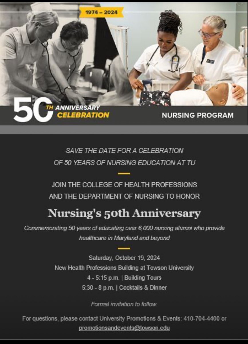 Dr. Briana Snyder (@blsnyderrn) on Twitter photo Save the date — we’re turning 50! Join us for a celebration in the beautiful, new <a href="/TowsonU/">Towson University</a> Health Professions Building on Saturday, October 19th! Save the date — we’re turning 50! Join us for a celebration in the beautiful, new <a href="/TowsonU/">Towson University</a> Health Professions Building on Saturday, October 19th!