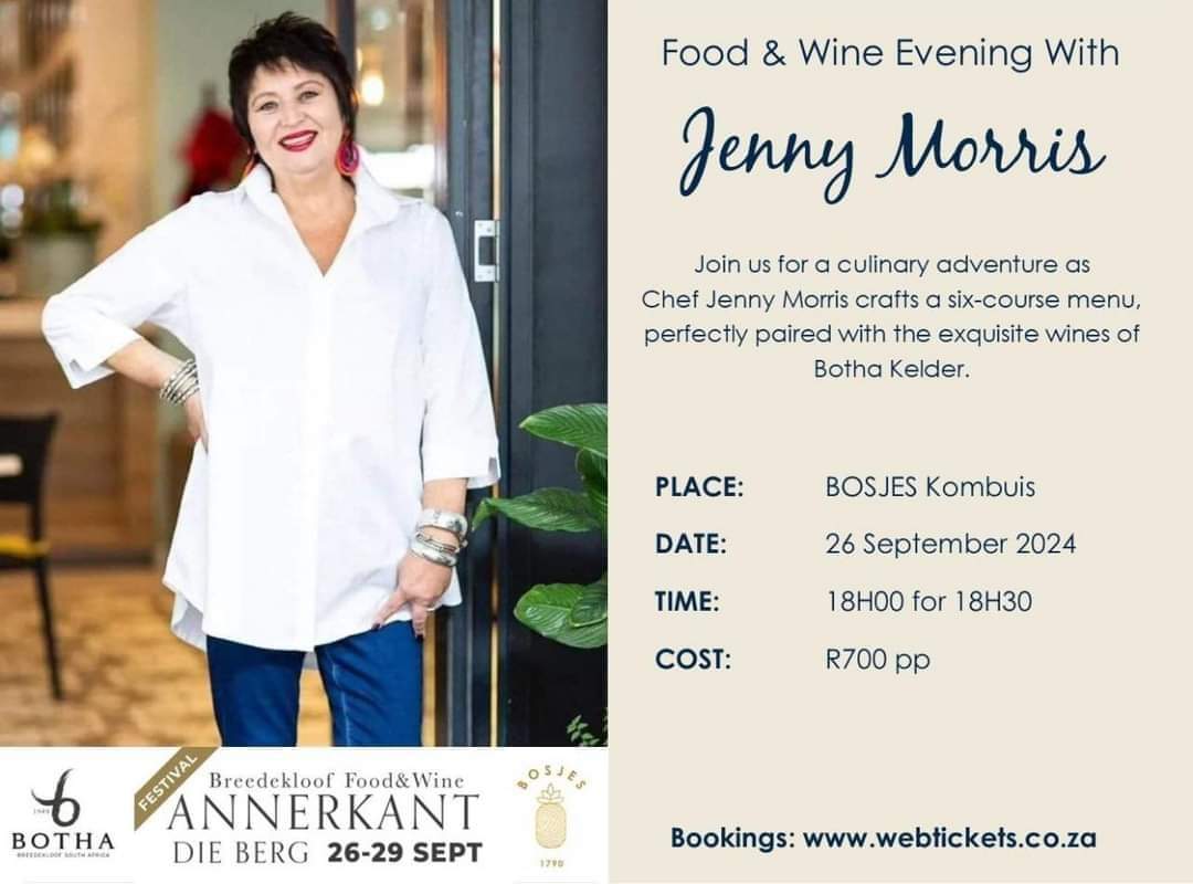 The Otherside of the Mountain festivalĺ 26 to 29 September 2024  1 of the activities on our calendar is an evening filled with delicious food&amp; wine by Chef Jenny Morris at BOSJES
Book yrtickets today, limited available.
webtickets.co.za
Jenny Morris Breedekloof Wine Valley