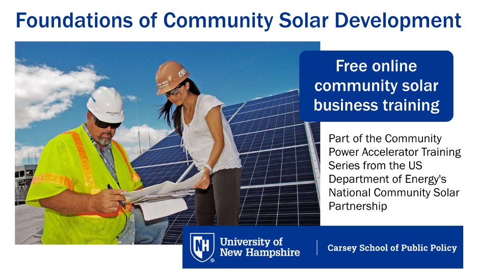 EMP at Berkeley Lab (@berkeleylabemp) on Twitter photo Want to learn to develop community solar projects? Take a free, self-paced online course from the Univ. of New Hampshire.
Learn to develop, finance, and build projects that benefit low-income and disadvantaged communities.
Brought to you by <a href="/ENERGY/">U.S. Department of Energy</a>
carsey.unh.edu/center-impact-… Want to learn to develop community solar projects? Take a free, self-paced online course from the Univ. of New Hampshire.
Learn to develop, finance, and build projects that benefit low-income and disadvantaged communities.
Brought to you by <a href="/ENERGY/">U.S. Department of Energy</a>
carsey.unh.edu/center-impact-…