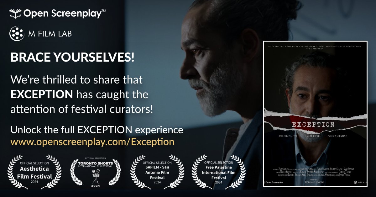 OpenScreenplay's tweet image. &quot;Exception&quot; is the culmination of the M Film Lab Muslims in the West 2021 program. Nader Yousef developed the idea, and the resulting film has been officially selected for four film festivals! We are grateful for the recognition! Learn more at: shorturl.at/0GSJ7