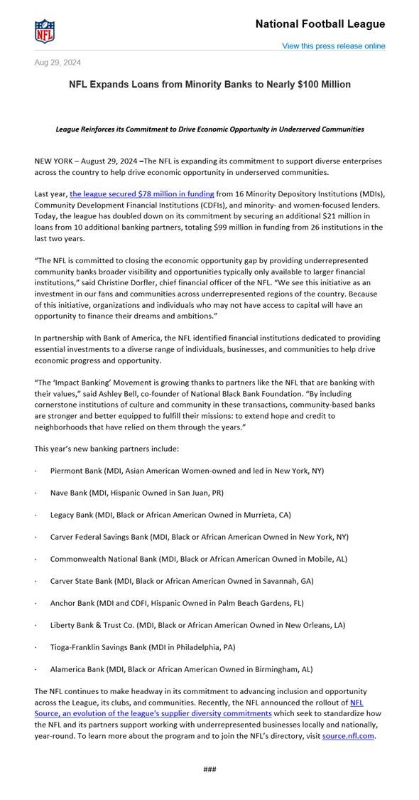 NFL Expands Loans from Minority Banks to Nearly $100 Million.