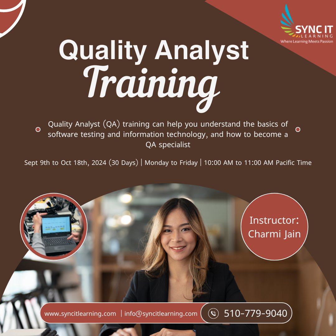syncitlearning's tweet image. Don&apos;t miss out on this amazing chance to equip yourself with the knowledge and skills essential for thriving in the dynamic IT landscape! 📷 Interested? Reach out to our counselors at 510-779-9040. 

#QualityAnalystTraining #ManualTesting #AutomaticTesting #CareerGrowth