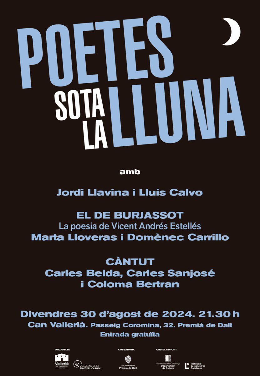 fontdelcargol's tweet photo. Tot a punt per la 9a edició de ‘Poetes sota la lluna”, el festival de poesia del Maresme. Us esperem demà a les 21.30 h a Can Vallerià, a Premià de Dalt 🌙 https://t.co/r3loj0P3oW