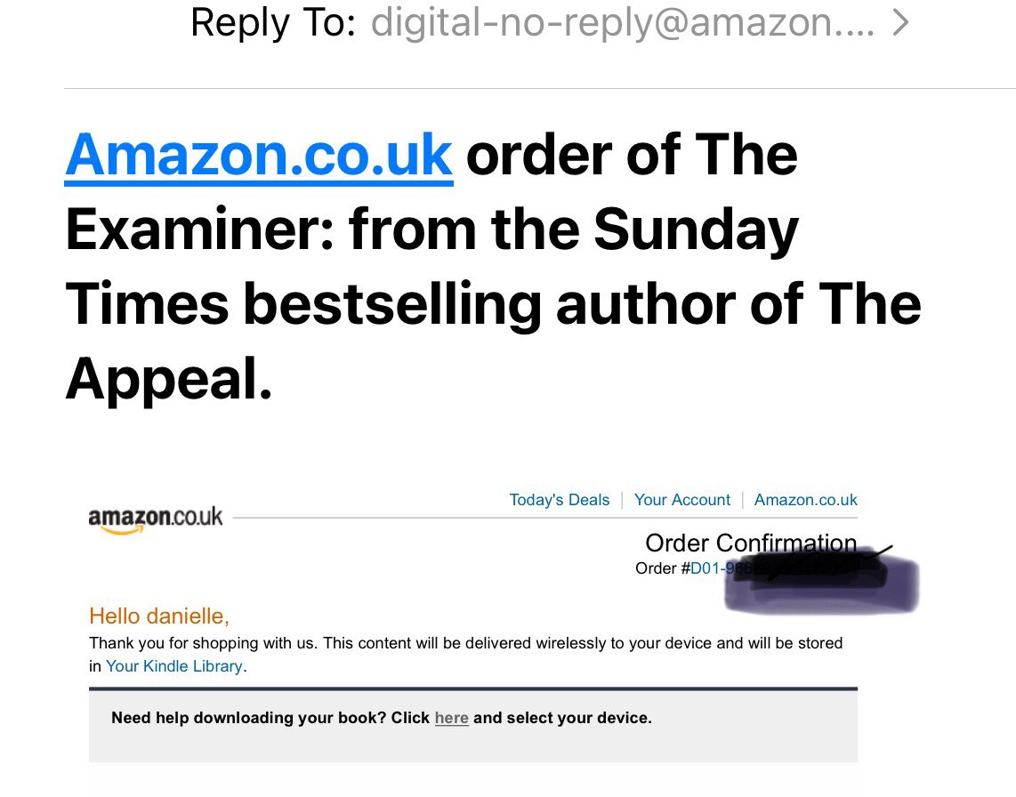 danileech's tweet photo. @JaniceHallett the perfection of arriving on my holiday this morning and receiving this email from Amazon about a pre-order I’d forgotten I’d even placed👌🏼😃 #TheExaminer https://t.co/SkW9EugvXQ