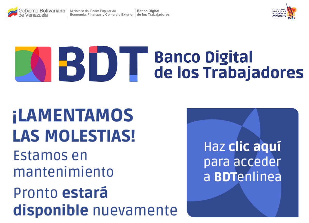 Desde ayer, usuarios reportan dificultad para acceder a la plataforma del Banco Digital de los Trabajadores (anteriormente Banco Bicentenario). En el mismo portal, la institución anuncia que se encuentran en mantenimiento y pronto estará disponible nuevamente.