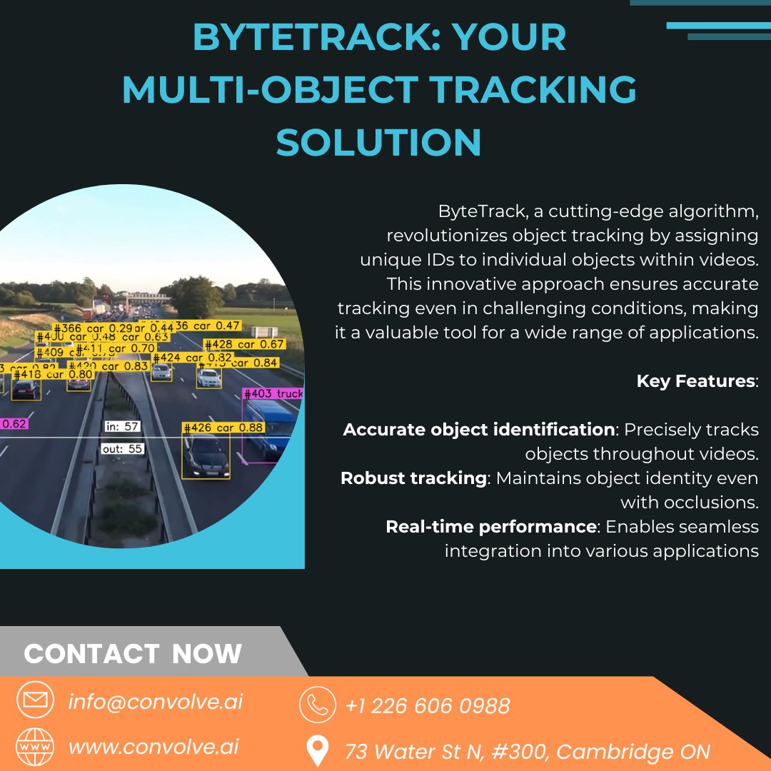 AiConvolve's tweet image. ByteTrack: The ultimate multi-object tracking solution. With unique ID assignment, ByteTrack ensures accurate object tracking even under challenging conditions.
#byetrack #objecttracking #multitracking #computervision #machinelearning #aialgorithms #realtimeprocessing