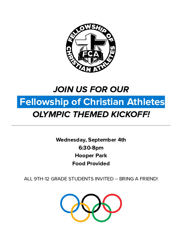 FCA kicks off next Wednesday 🙌🏼

Meet at the Hooper Park at 6:30pm on Sept. 4th for food, competition and a preview of our study for the year! 

Tell your friends!