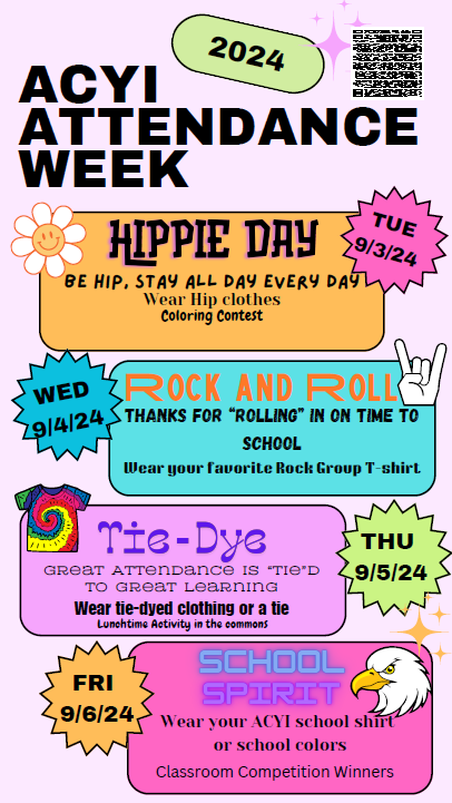 ACYIEagles's tweet photo. The School Counseling Department invites you to our annual  Attendance Week on September 3rd - 6th. Participate this week by wearing different clothes assigned each day of the week. https://t.co/T3TTcgTPqR