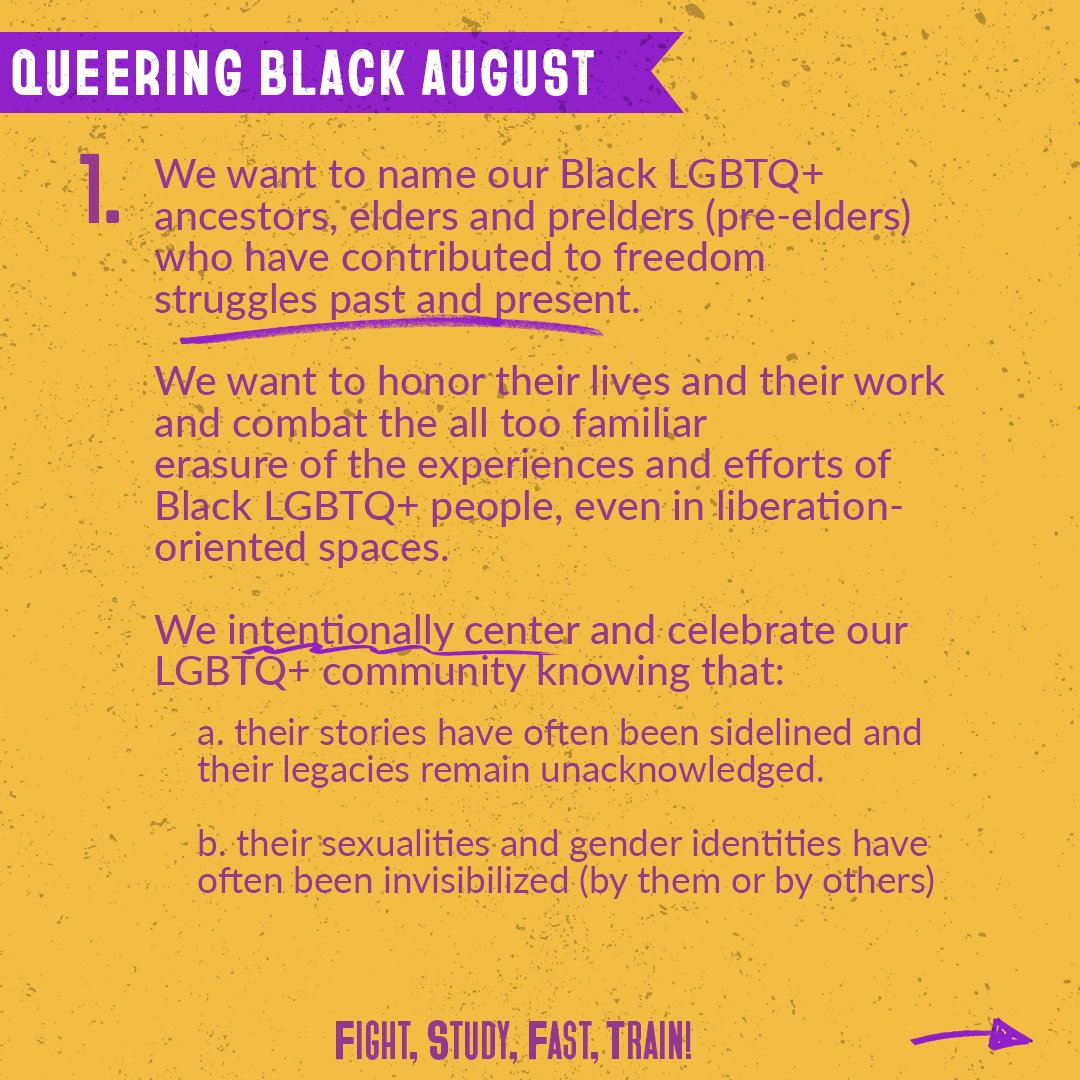 songpowerc4's tweet photo. Queering Black August has a few meanings for us. We do this in the spirit of gratitude for all Black freedom fighters &amp; give special thanks for the space Black LGBTQ folks in history have made for us to do our work as Black LGBTQ people today fighting for liberation in the South https://t.co/jb6eXA7T4S