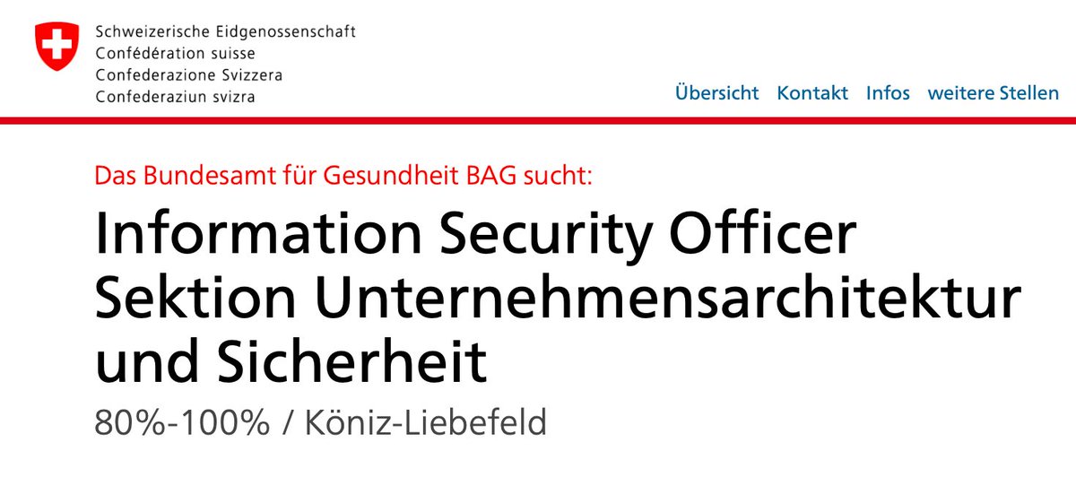 Für die Sektion Unternehmensarchitektur und Sicherheit unserer Abteilung suchen wir einen 

&lt;Information Security Officer&gt;
🛡️🚨 🔐 🌐 💻

D jobs.admin.ch/offene-stellen…

F jobs.admin.ch/postes-vacants…

Bei passendem Profil bitte bewerben sonst gerne streuen 
#NewWork #CyberSecurity #Cloud