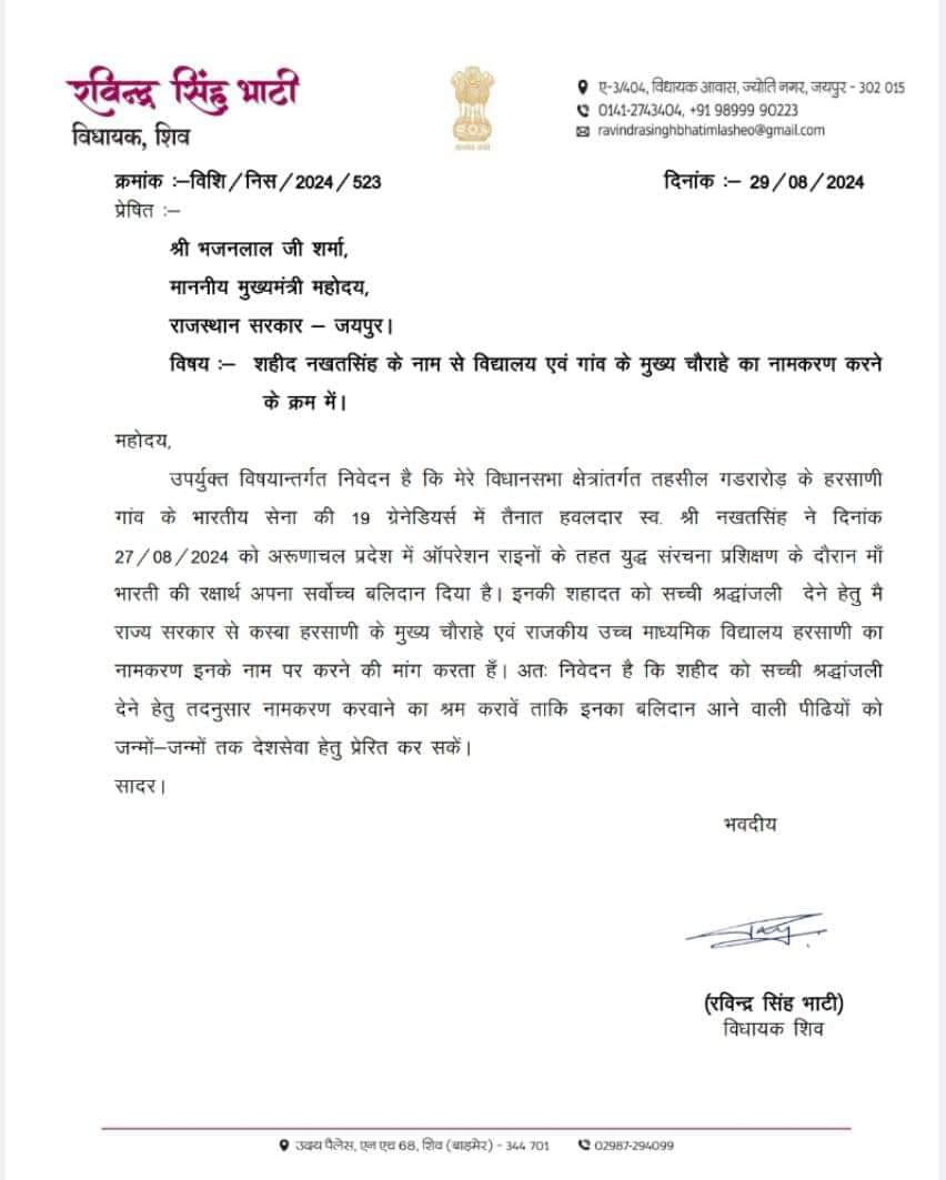 शहीद नखतसिंह के नाम विद्यालय और मुख्य चौराहे के नामकरण की मांग की शिव विधायक रविन्द्रसिंह भाटी ने हरसाणी के जांबाज शहीद नखत सिंह के नाम गाँव के विद्यालय का नाम हो और मुख्य चौराहे का नाम करने के लिए भाटी ने मुख्यमंत्री भजनलाल शर्मा को पत्र लिखकर यह मांग की
<a href="/RavindraBhati__/">Ravindra Singh Bhati</a>