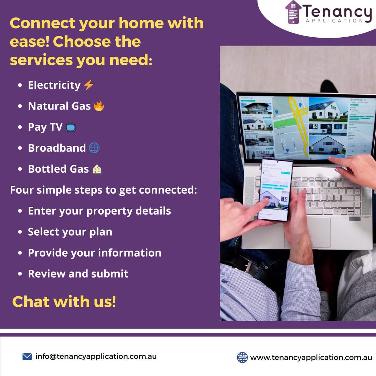 tenancyapp_au's tweet image. Ready to connect your home with ease? Whether you need electricity, natural gas, Pay TV, broadband, or bottled gas, we’ve got you covered in simple steps.

Select your plan
Provide your information
Review and submit

#HomeServices #EasyConnection #GetConnected #TenancyApplication
