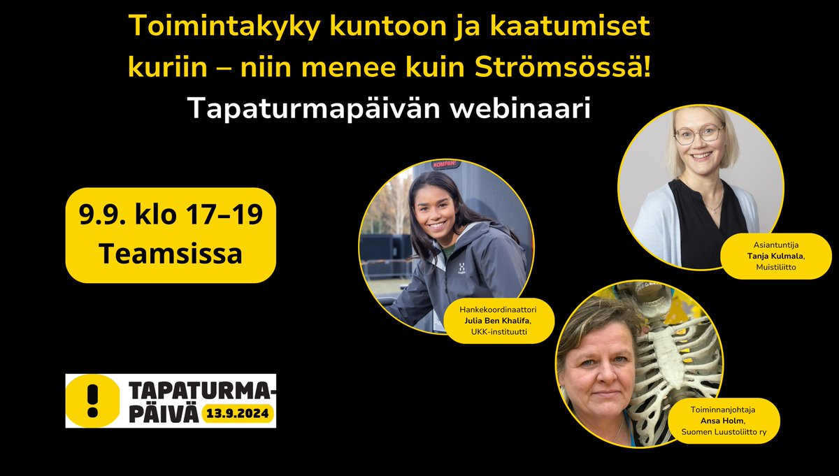 tapaturmapaiva's tweet image. Tiedätkö miten voit vähentää omaa tai läheisen tapaturmariskiä? 
Tervetuloa Tapaturmapäivän webinaariin 9.9. kuulemaan vinkit.
Webinaari on maksuton ja kaikille avoin. Ilmoittaudu mukaan 8.9. mennessä: oma.punainenristi.fi/event/29416