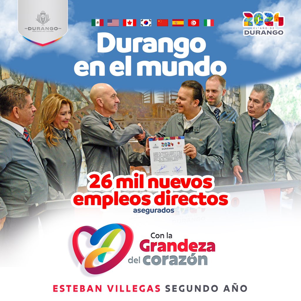 𝐄𝐧 𝐧𝐮𝐞𝐬𝐭𝐫𝐨 𝐚𝐧̃𝐨 2️⃣ 𝐝𝐞 𝐠𝐨𝐛𝐢𝐞𝐫𝐧𝐨, 𝐢𝐦𝐩𝐮𝐥𝐬𝐚𝐦𝐨𝐬 𝐞𝐥 𝐜𝐫𝐞𝐜𝐢𝐦𝐢𝐞𝐧𝐭𝐨 𝐞𝐜𝐨𝐧𝐨́𝐦𝐢𝐜𝐨 𝐝𝐞 #𝐃𝐮𝐫𝐚𝐧𝐠𝐨.

Con la llegada de 31 nuevas empresas, aseguramos una inversión de 30 mil millones de pesos y la creación de 26 mil empleos directos.