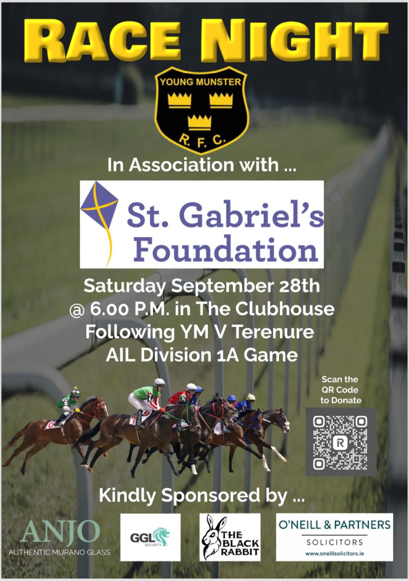 Join us in the clubhouse after our first home #EnergiaAIL vs ‘Nure Sept 28th for our annual Race Night in association with St Gabriel’s Foundation! 

Stay tuned to social channels on how to purchase your very own horse #GiddyUp 

For advertising space please contact John Lyons
