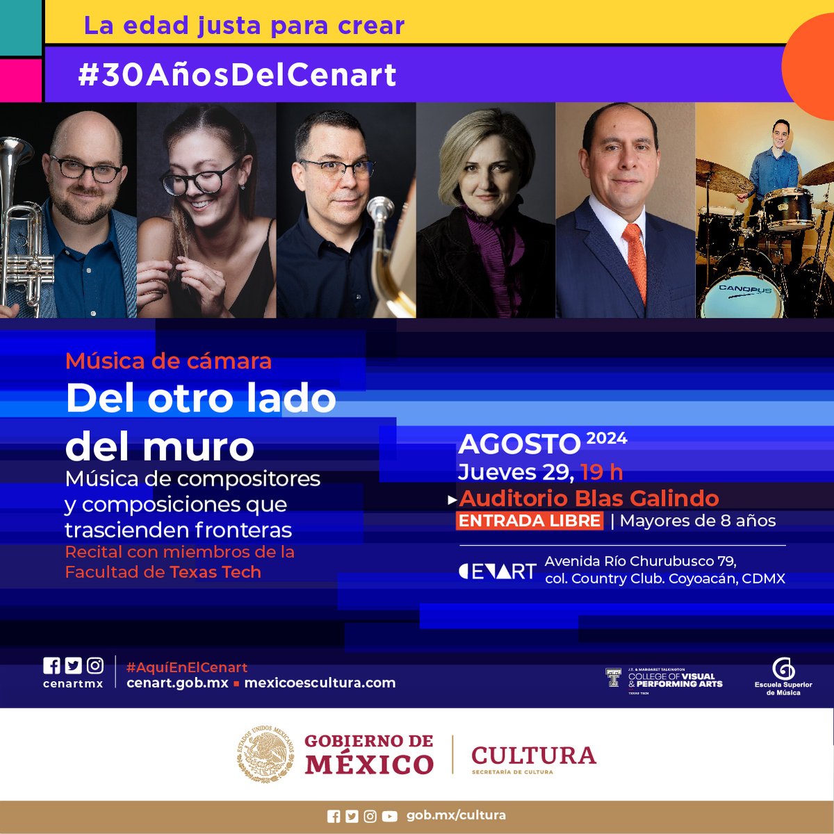 ¡Más puentes y menos muros! 🇺🇸🇲🇽
Hoy tenemos un concierto gratuito con músicos increíbles de la Texas Tech University que nos recuerda que el arte une a México con EUA.

Descarga tu programa de mano y llega con anticipación para asegurar tu acceso: cenart.gob.mx/wp-content/upl…