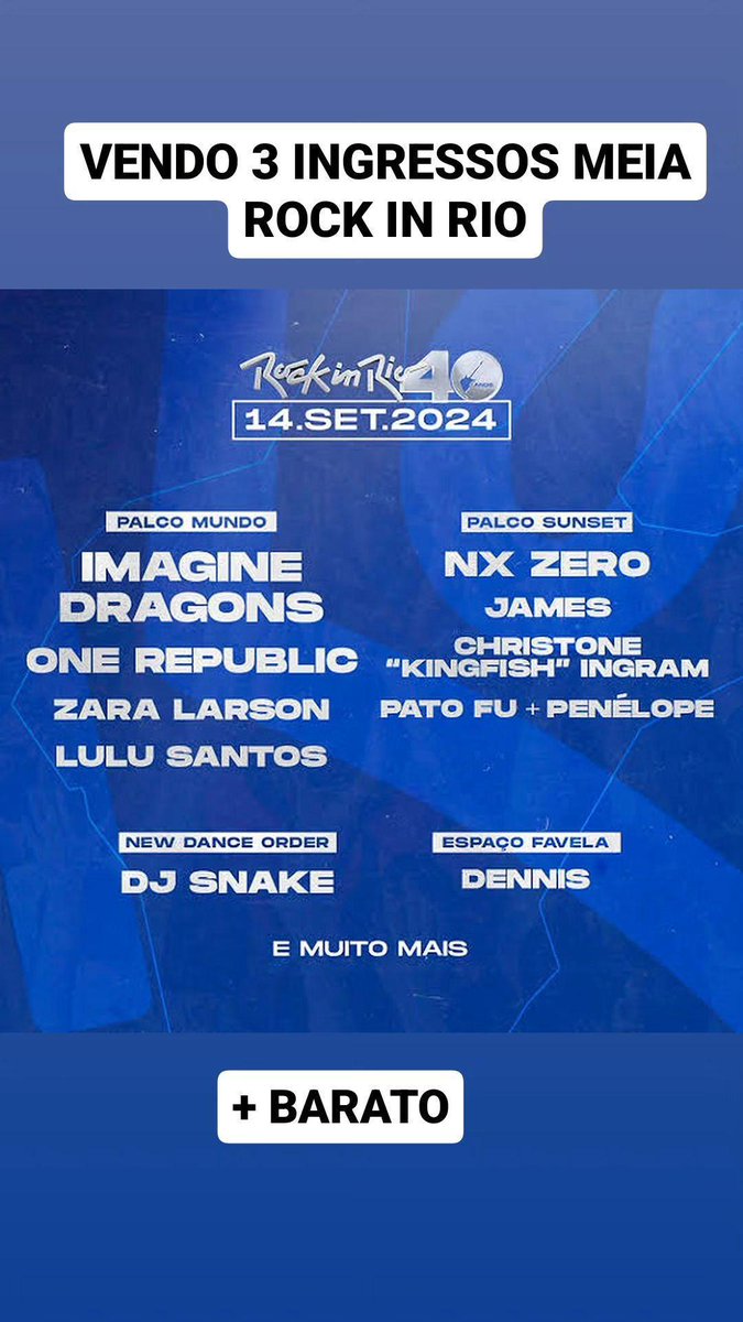 gcpanema's tweet photo. VENDO ROCK IN RIO 14/09 
MEIA 
+ BARATO 

CHAMA NO INSTA 
@gabrielcapanemaa

#ingresso #RockinRio2024 #ImagineDragons #ingressobarato https://t.co/M7yDKIe88O
